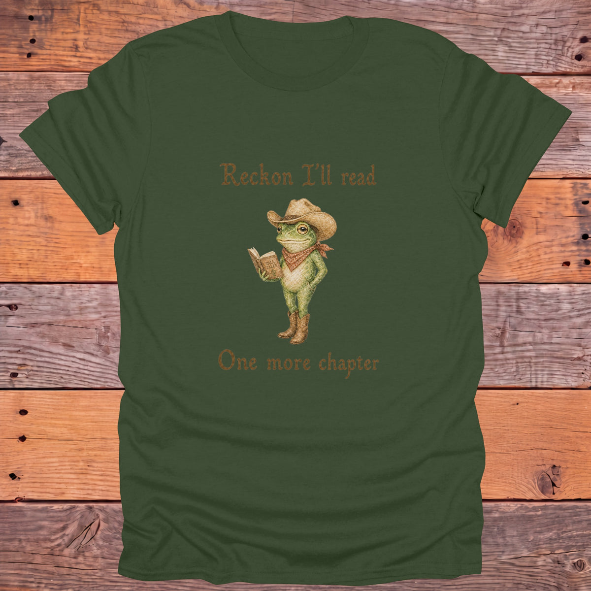Reckon I'll Read One More Chapter Cowboy Frog Bookish T-Shirt - Military Green