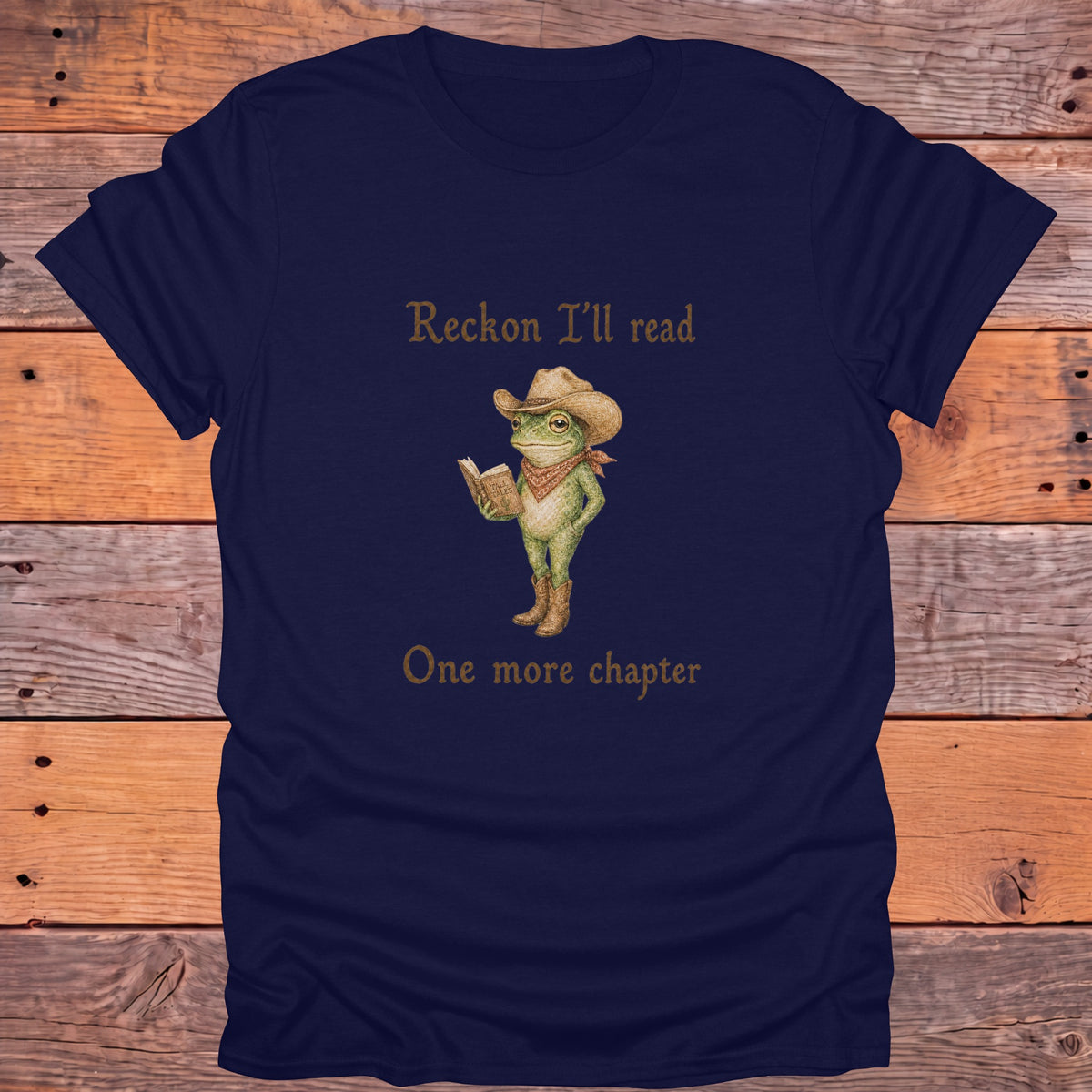 Reckon I'll Read One More Chapter Cowboy Frog Bookish T-Shirt - Navy