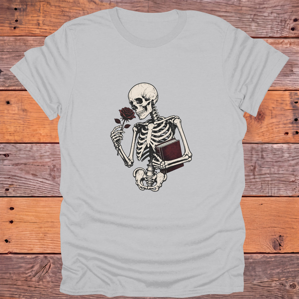 Skeleton Holding Rose and Book Gothic Bookish T-Shirt - Ice Grey