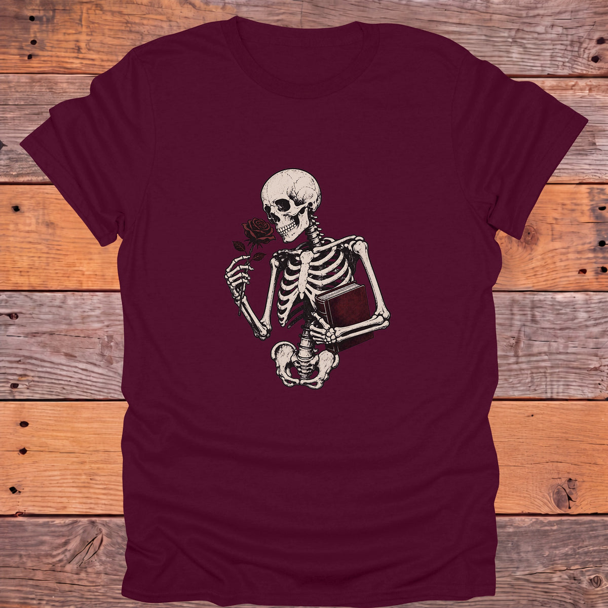 Skeleton Holding Rose and Book Gothic Bookish T-Shirt - Maroon