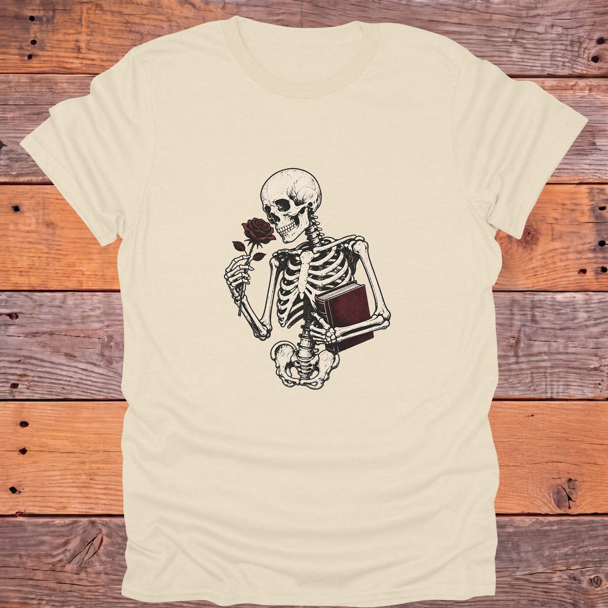 Skeleton Holding Rose and Book Gothic Bookish T-Shirt - Natural