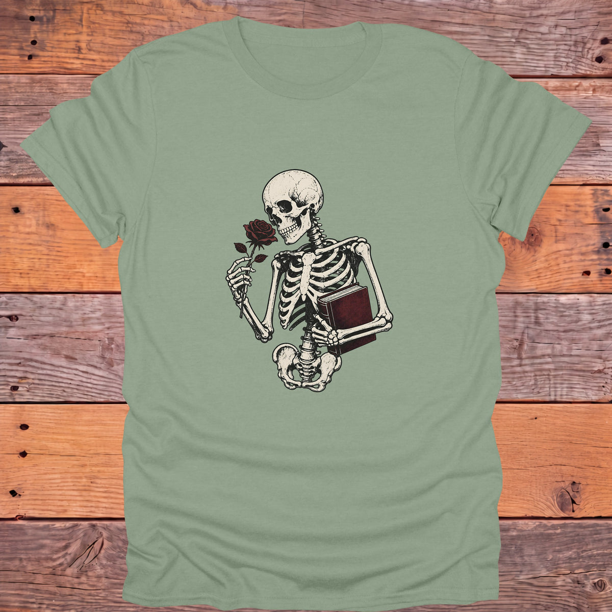 Skeleton Holding Rose and Book Gothic Bookish T-Shirt - Sage