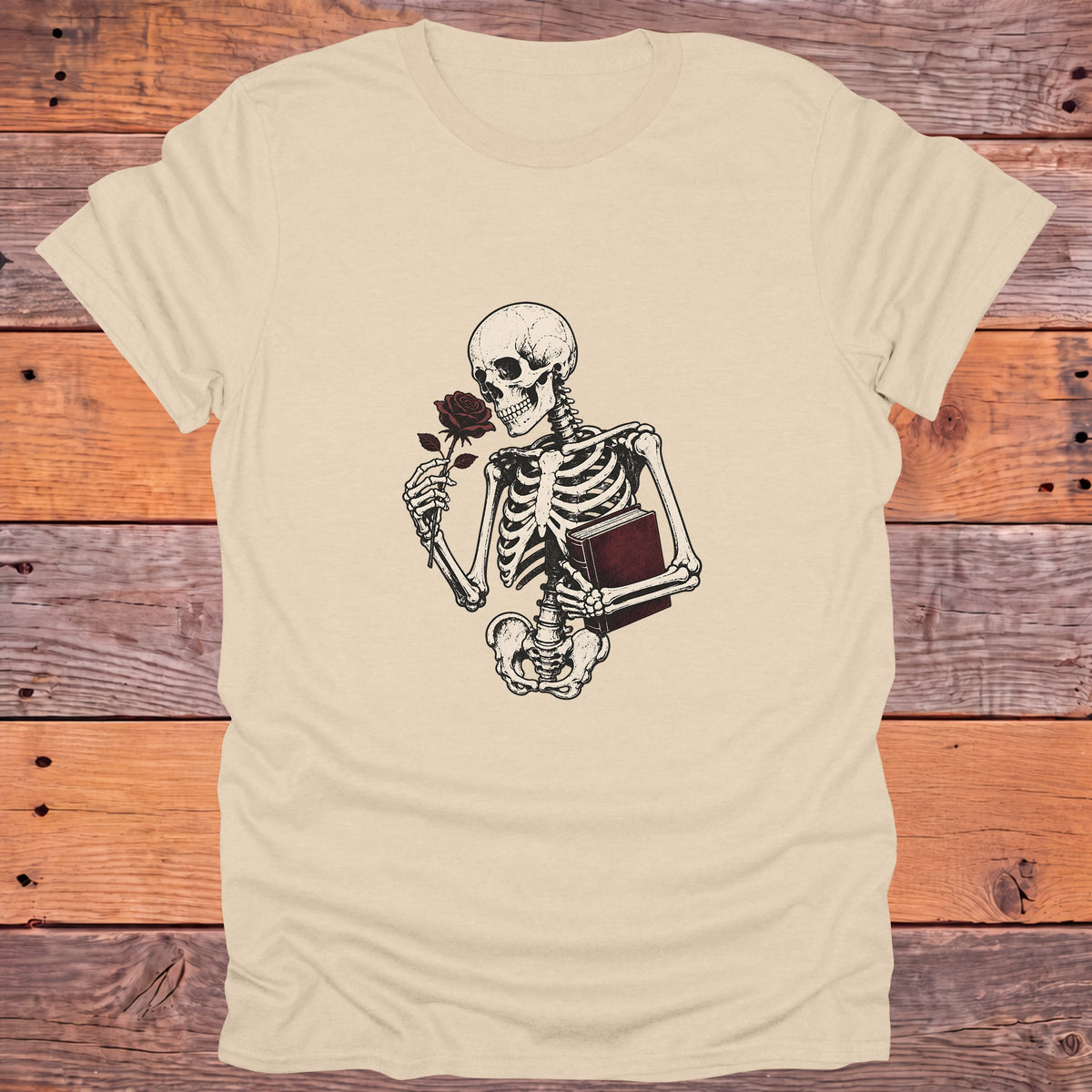 Skeleton Holding Rose and Book Gothic Bookish T-Shirt - Sand