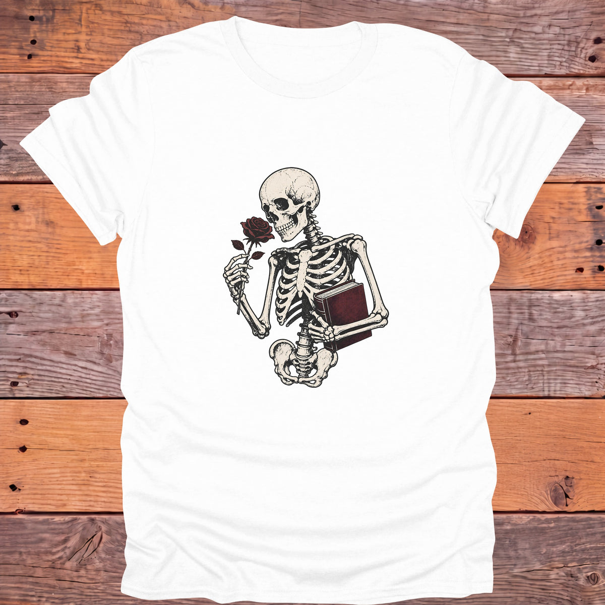 Skeleton Holding Rose and Book Gothic Bookish T-Shirt - White
