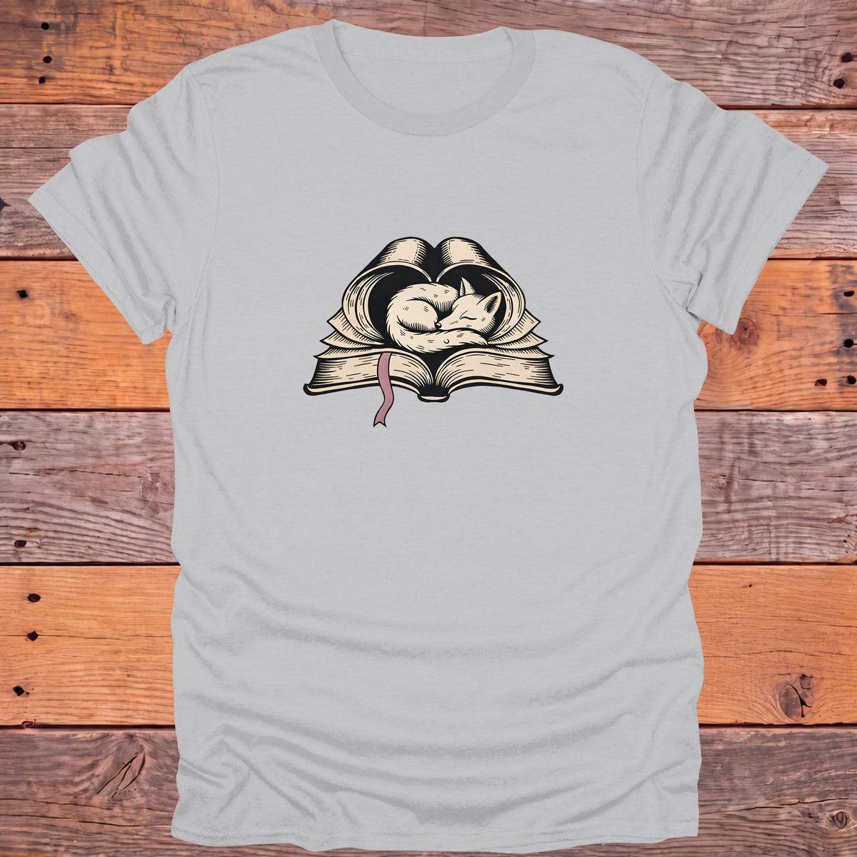 Sleeping Fox on Open Book Cozy Bookish T-Shirt - Ice Grey
