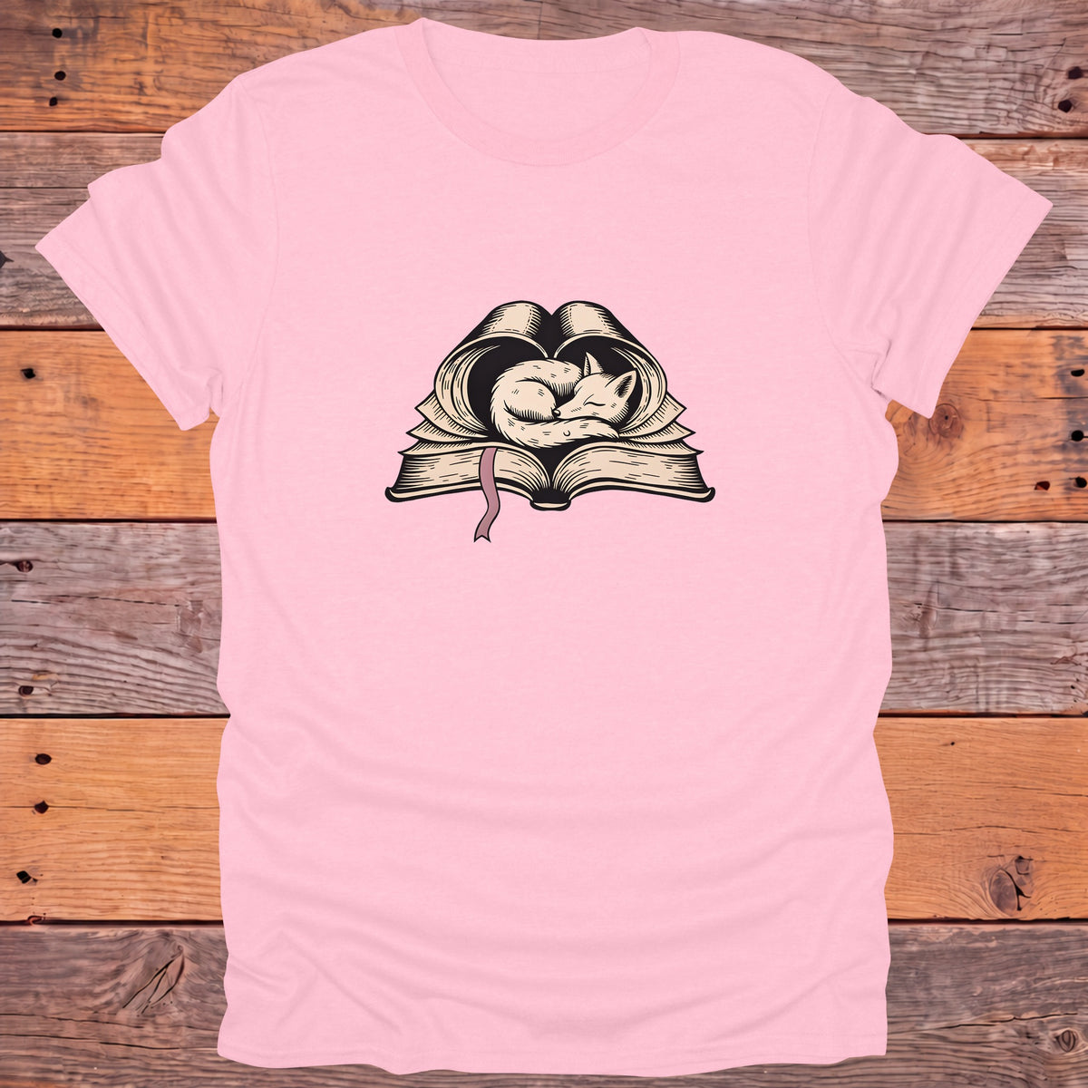 Sleeping Fox on Open Book Cozy Bookish T-Shirt - Light Pink