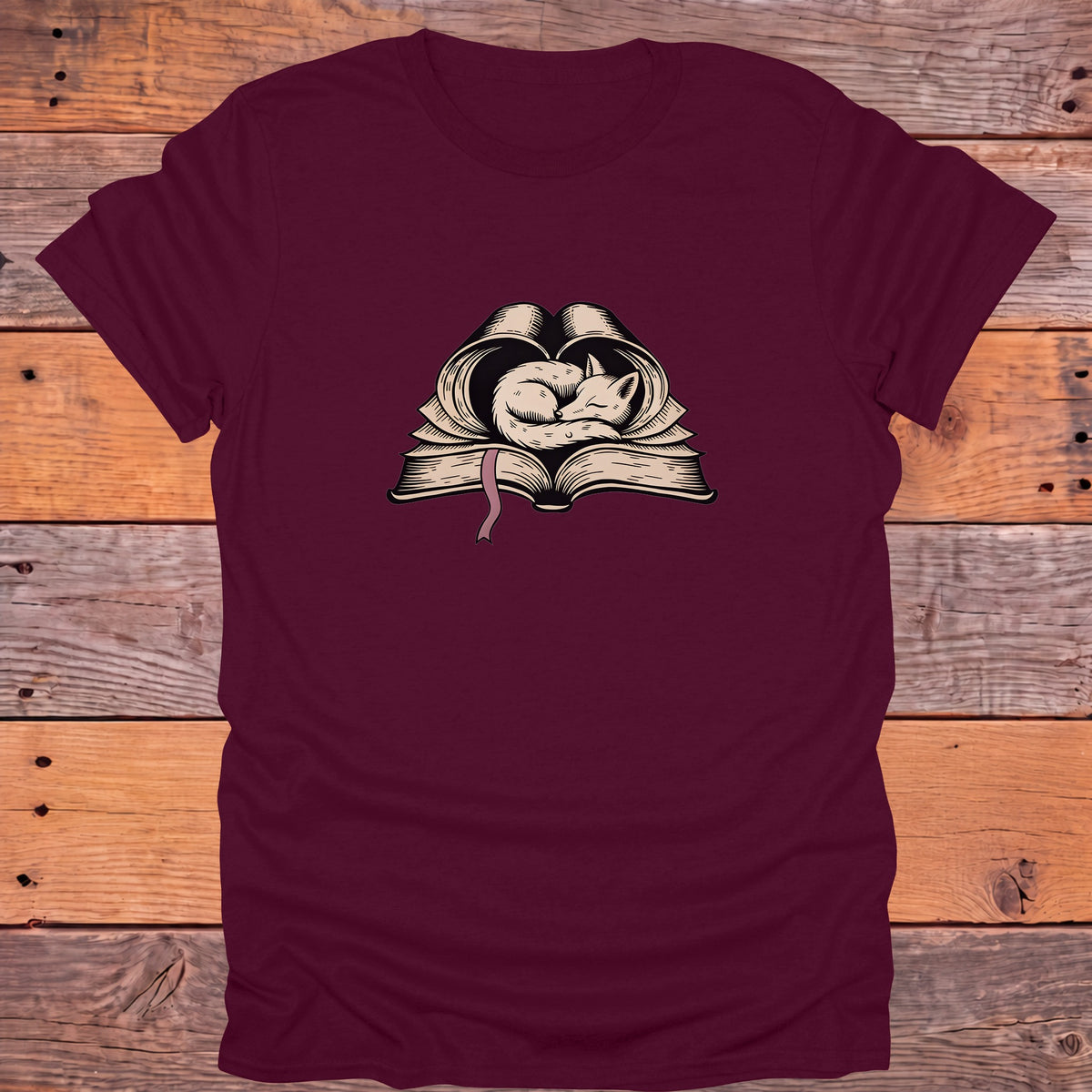 Sleeping Fox on Open Book Cozy Bookish T-Shirt - Maroon