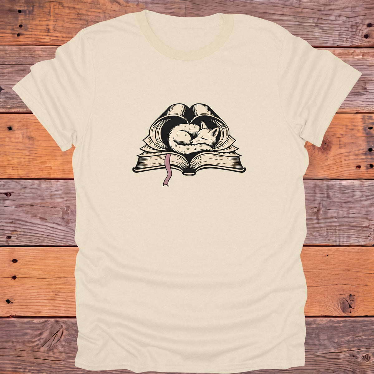 Sleeping Fox on Open Book Cozy Bookish T-Shirt - Natural