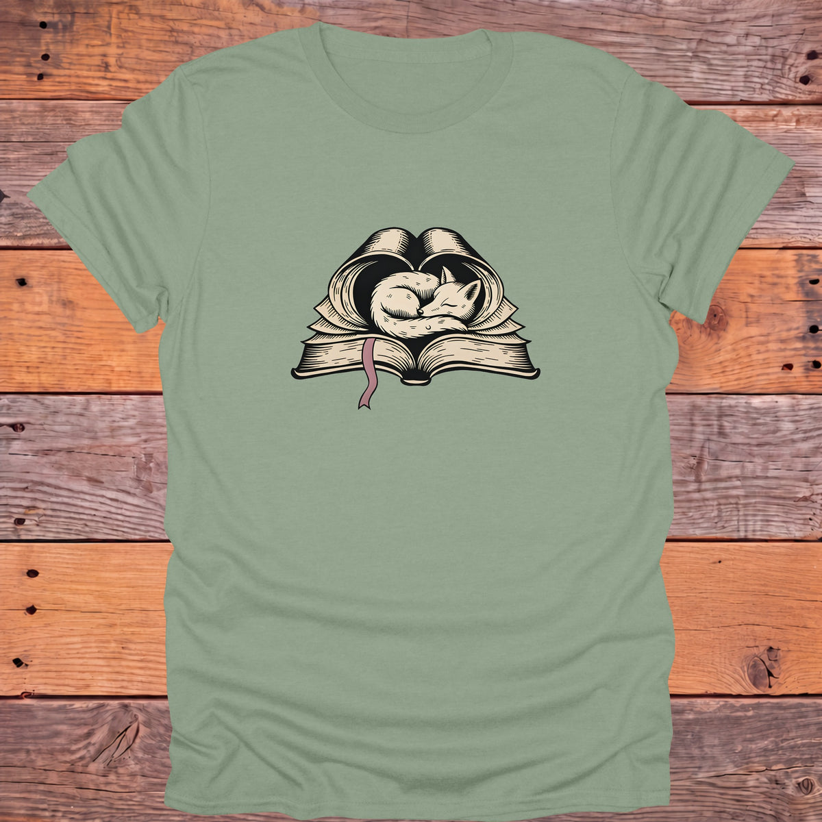 Sleeping Fox on Open Book Cozy Bookish T-Shirt - Sage