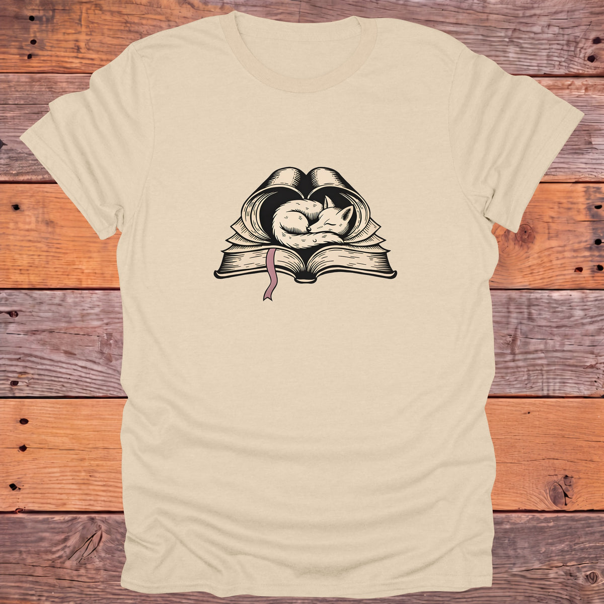 Sleeping Fox on Open Book Cozy Bookish T-Shirt - Sand
