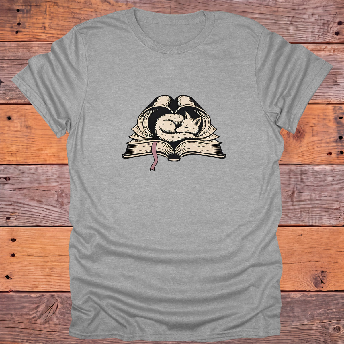 Sleeping Fox on Open Book Cozy Bookish T-Shirt - Sport Grey