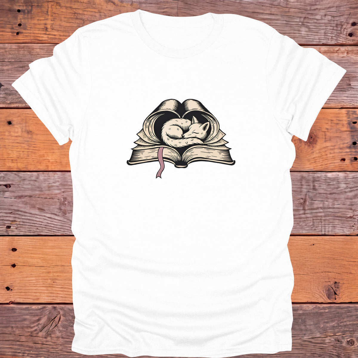 Sleeping Fox on Open Book Cozy Bookish T-Shirt - White
