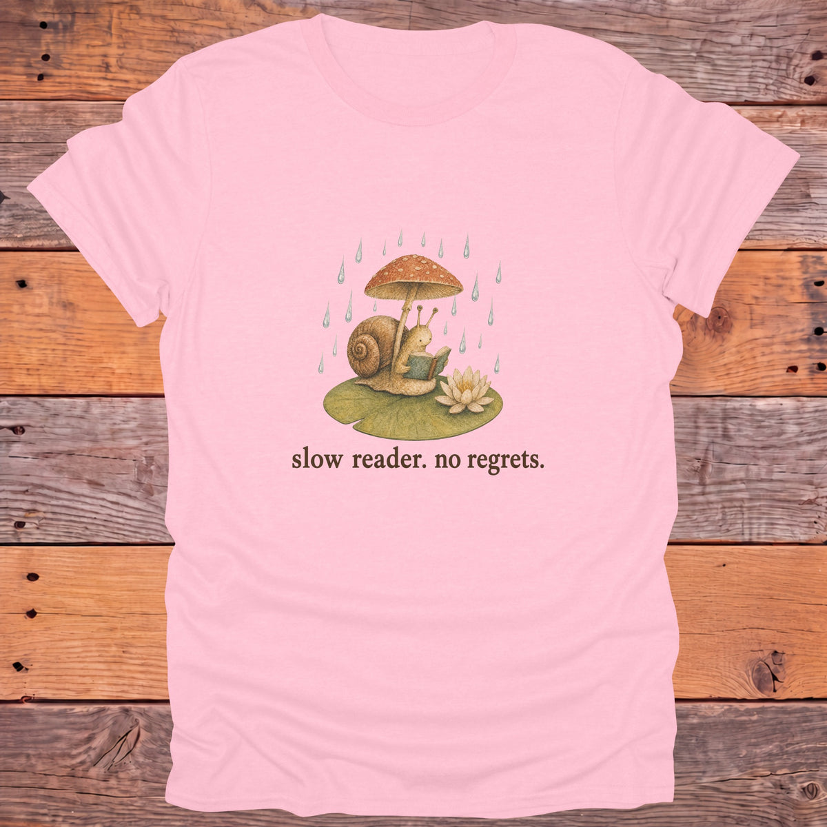 Slow Reader No Regrets Snail Bookish T-Shirt - Light Pink