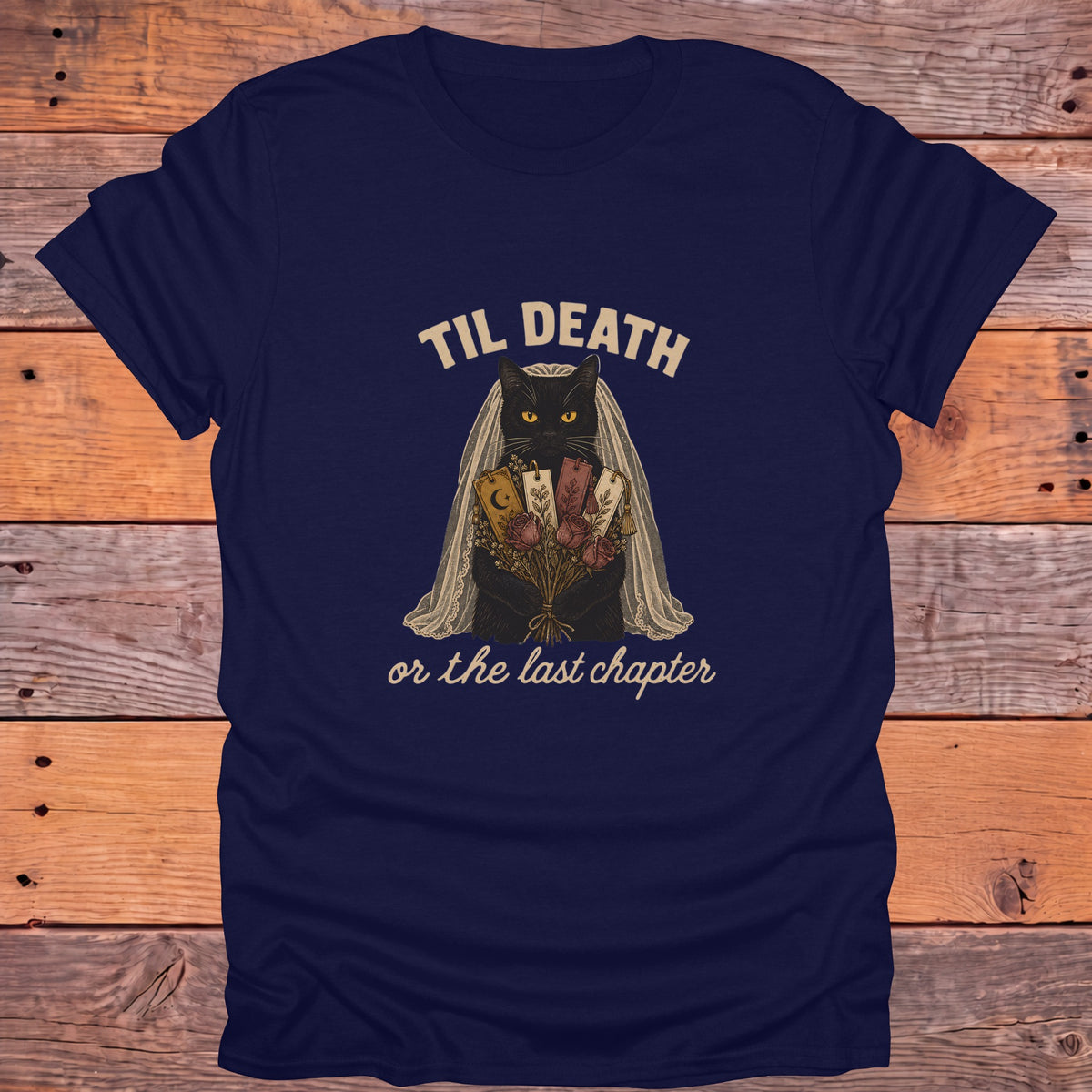 Til Death or the Last Chapter Black Cat Bookish T-Shirt - Navy